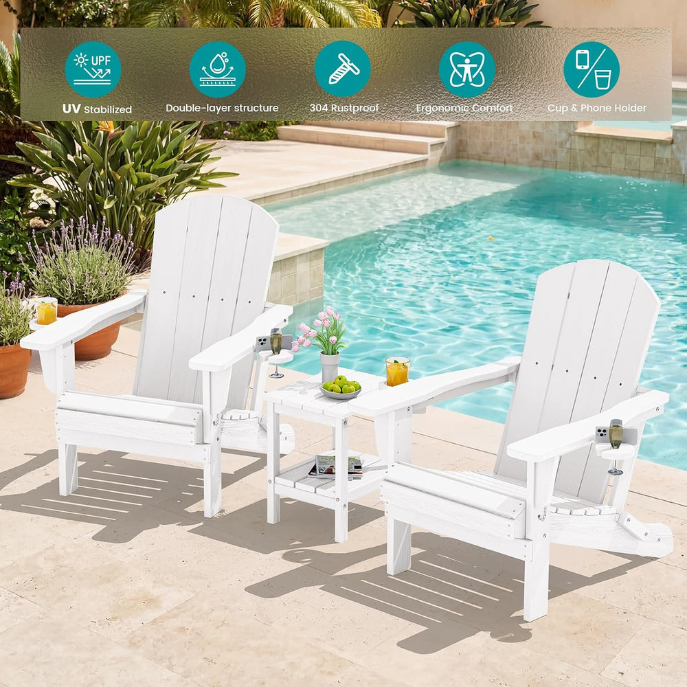 SERWALL Outdoor Adirondack Chair Set of 2 with Cup Holders,Foldable,White