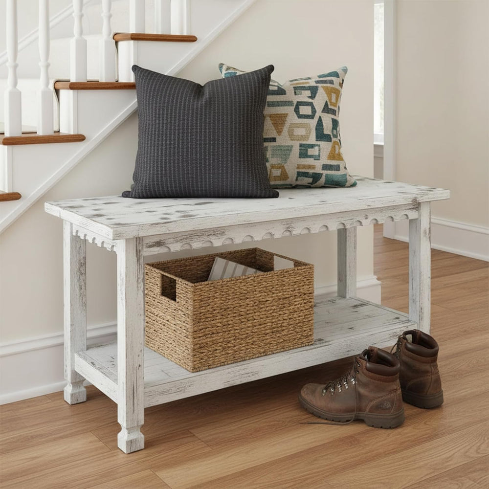 Country Cottage 36-Inch Farmhouse Entryway Bench with Storage Shelf – Solid P...