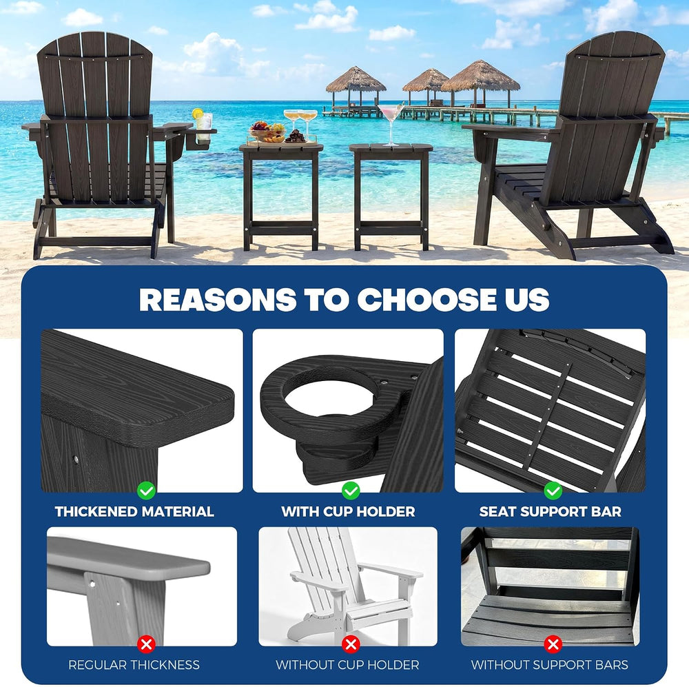 HDPE Folding Adirondack Chair with Cup Holders, Black