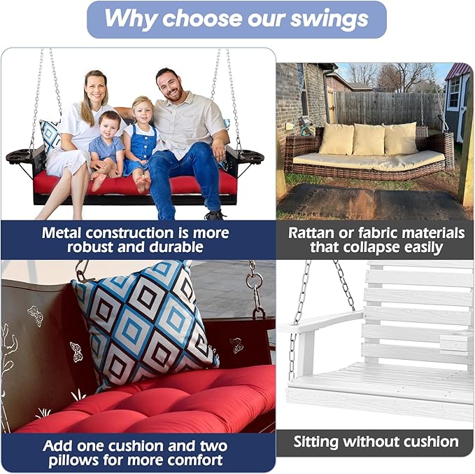 3-Seat Metal Porch Swing 900 LBS Heavy Duty Hanging Bench with Upgraded Tray ...