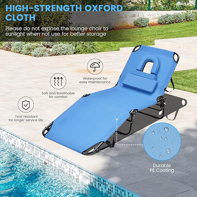 GYMAX Tanning Chair, 350lbs Beach Lounge Chair with Face Hole, Washable Pillo...