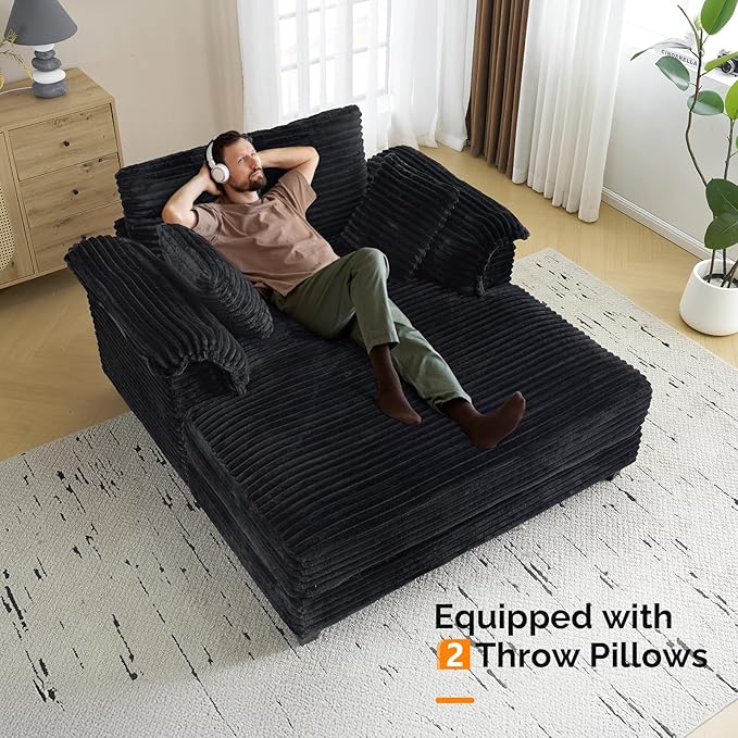 VINGLI 56" Oversized Chaise Lounge Chair, Black Comfy Corduroy Chaise So...