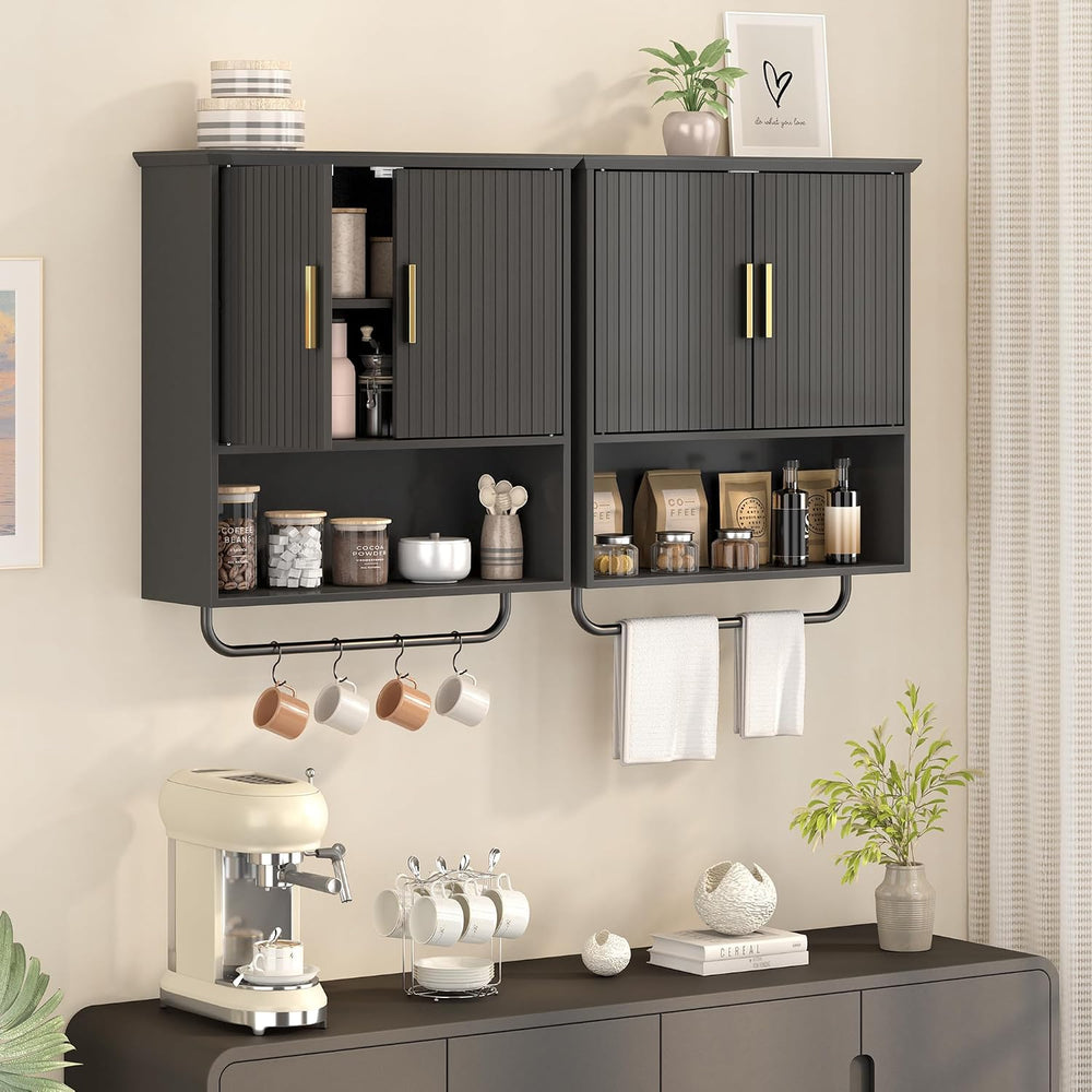 Wall Mounted Cabinet with Towel Bar & Shelves for Kitchen Bathroom