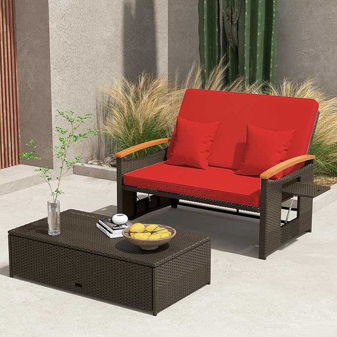 Tangkula Patio Rattan Daybed with 4-Level Adjustable Backrest, Outdoor Wicker...