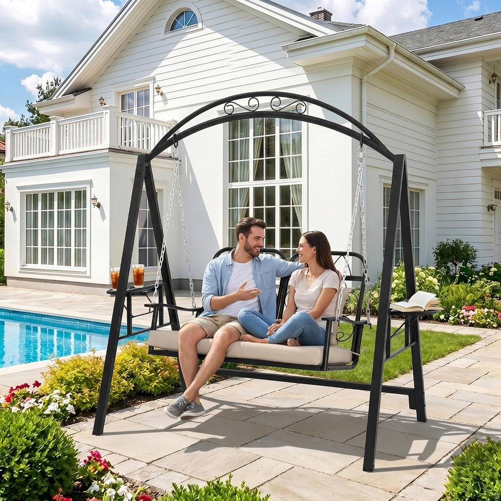 Porch Swing with Stand, 2-Person Metal Patio Swing with Cup Holder
