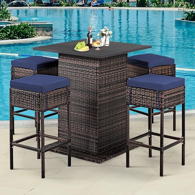 Tangkula 5 Piece Outdoor Rattan Bar Set, Patio Bar Furniture with 4 Cushions ...