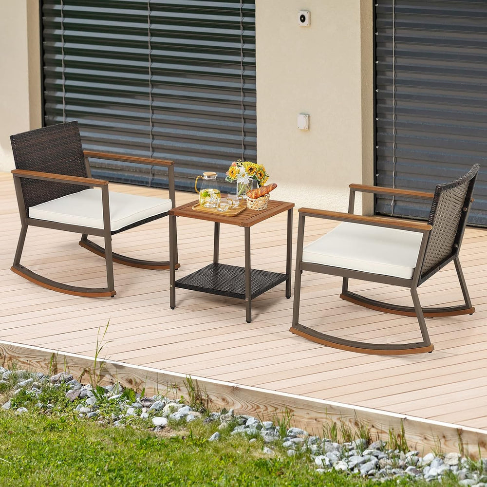COSTWAY 3 Pieces Patio Rocking Bistro Set, Outdoor Wicker Acacia Wood Sets