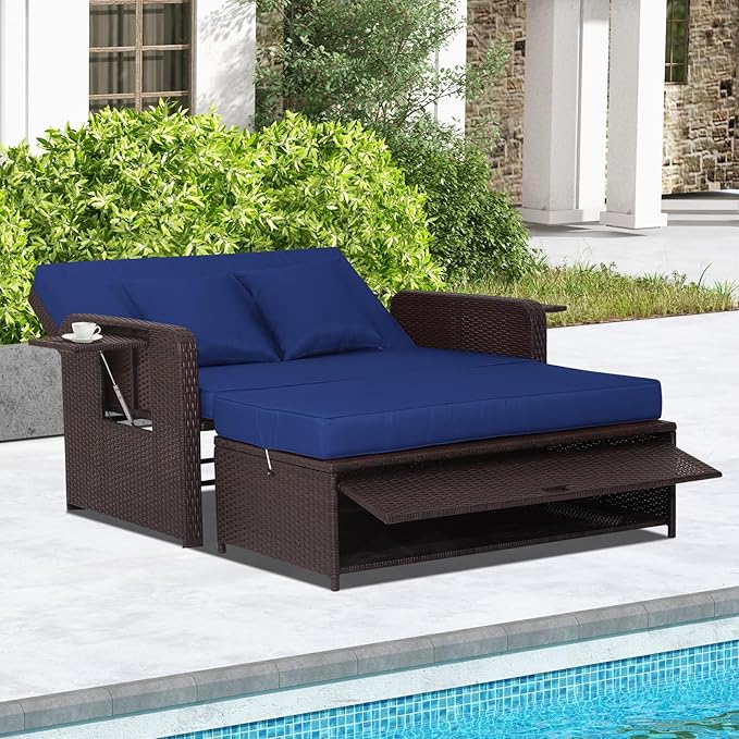 LDAILY Moccha Outdoor Daybed, Wicker Loveseat Sofa Set with 4-Postion Adjusta...