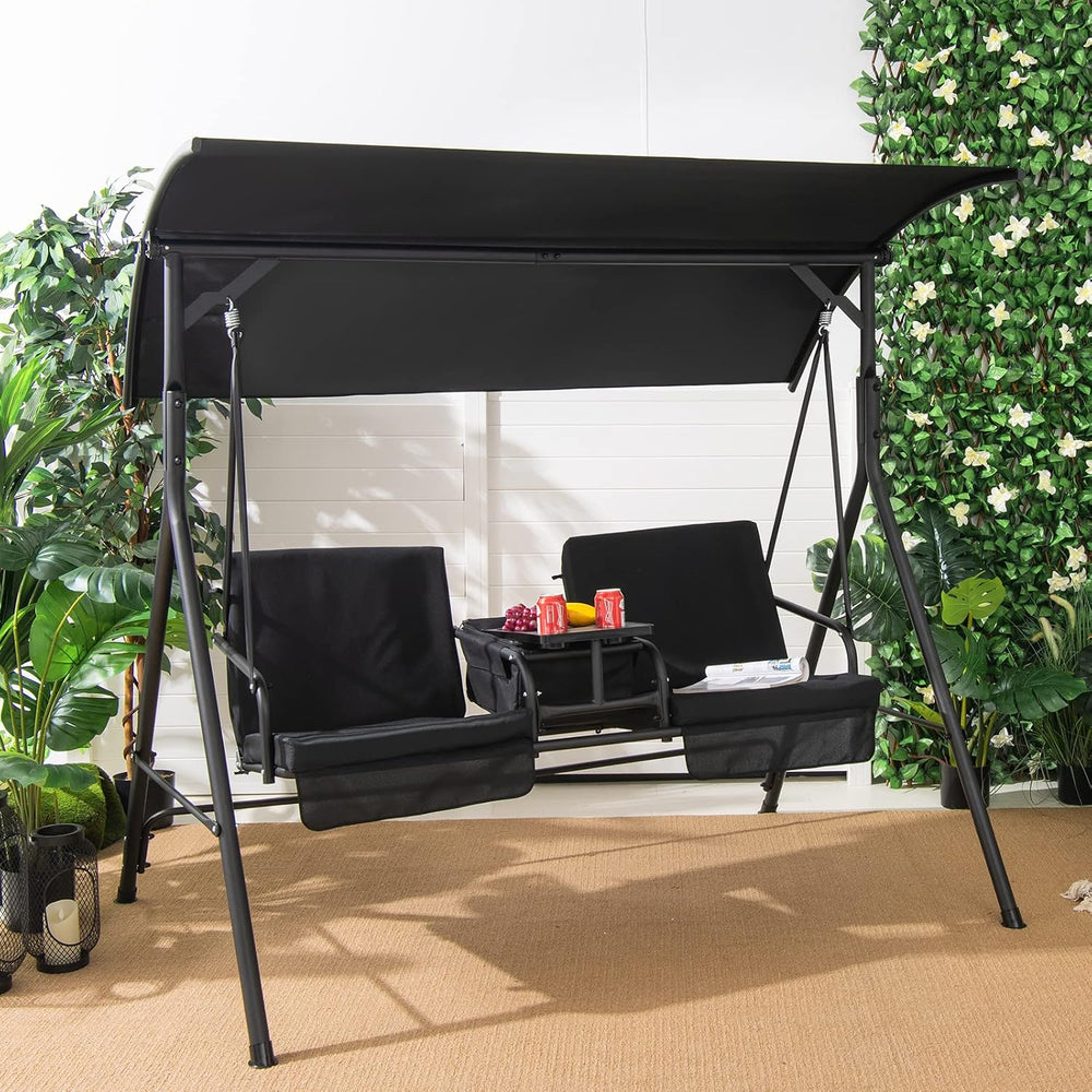 Tangkula 2 Person Porch Swing with Cooler Bag, Black