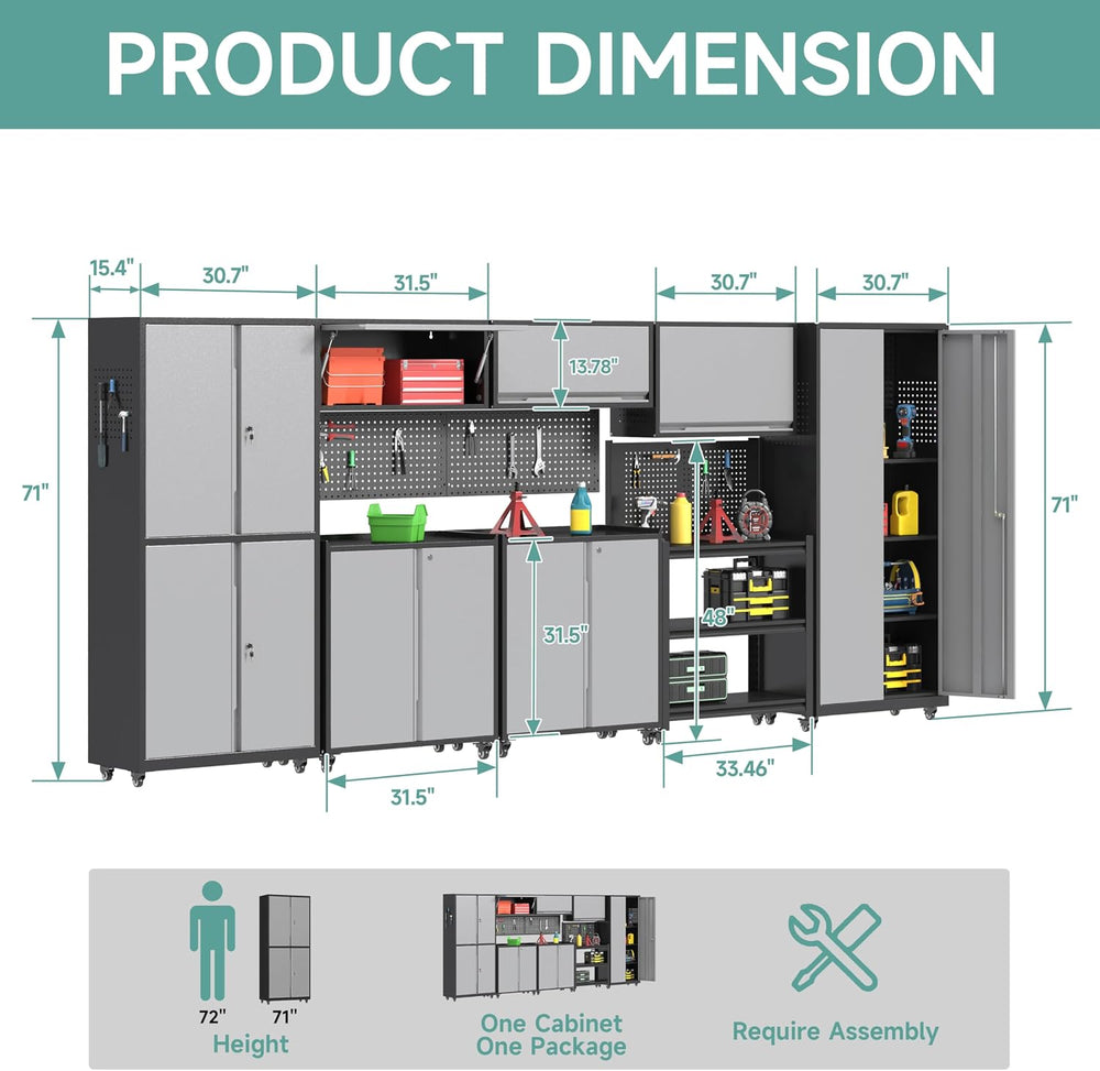 Metal Garage Storage Cabinets System, 8 Piece Workshop Steel Cabinet Set, Rol...
