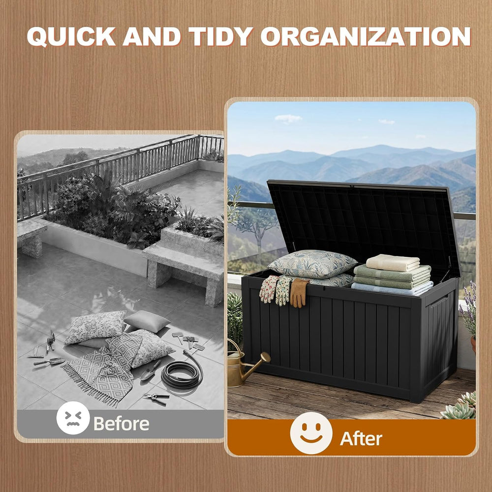 EFU Outdoor Storage Box 340 Gallon Deck Box, Waterproof Resin, Black