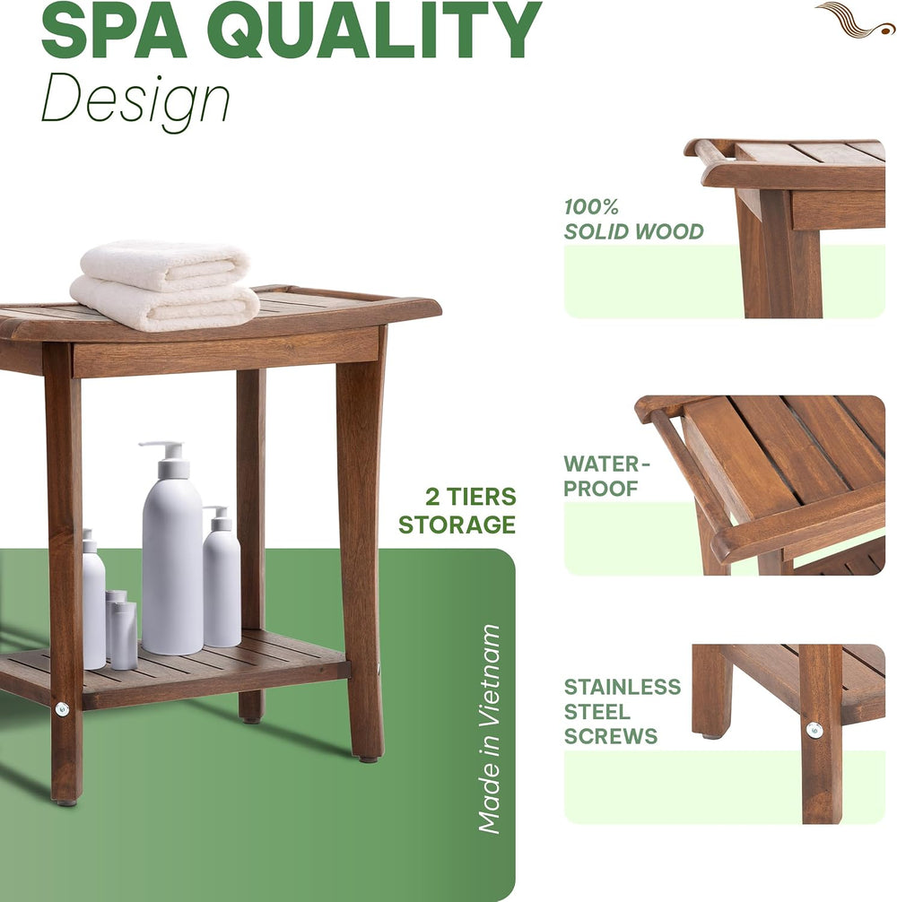 Solid Wood Shower Bench, Shower Stool Chair, Waterproof Non-Slip, Walnut