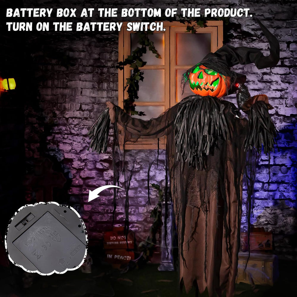 Halloween Animatronics Decorations, 5.5FT Animated Scarecrow with Pumpkin Hea...