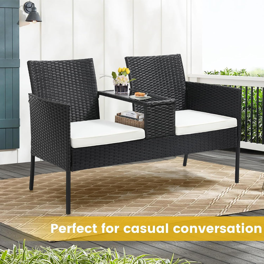 Kromax Wicker 2 Seat Patio Loveseat, Outdoor Rattan Loveseat with Table