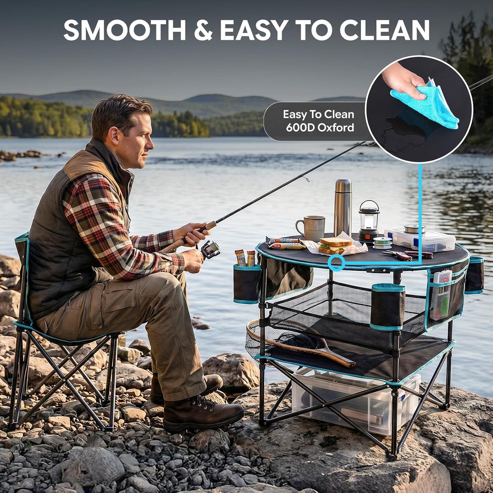 FUNDANGO Foldable Camping Table, 3-Tier Removable Mesh Shelf, 4 Cup Holders