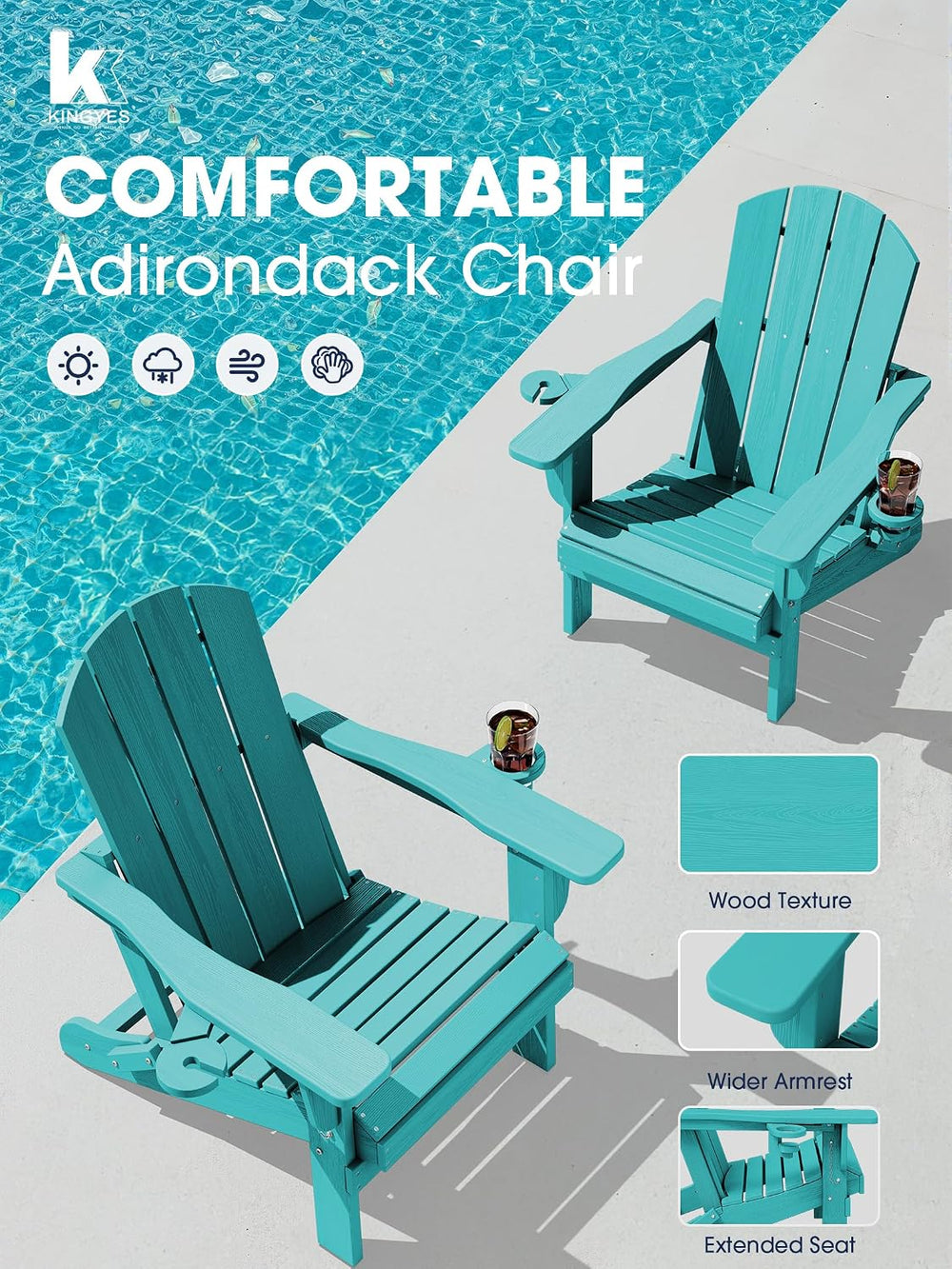 KINGYES Folding Adirondack Chair Set of 2 with 2 Cup Holders, Aruba