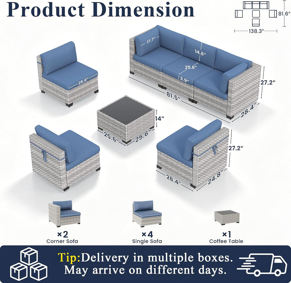 6-Seat Modular Patio Furniture Set – Outdoor Wicker Sectional Sofa with Thick...