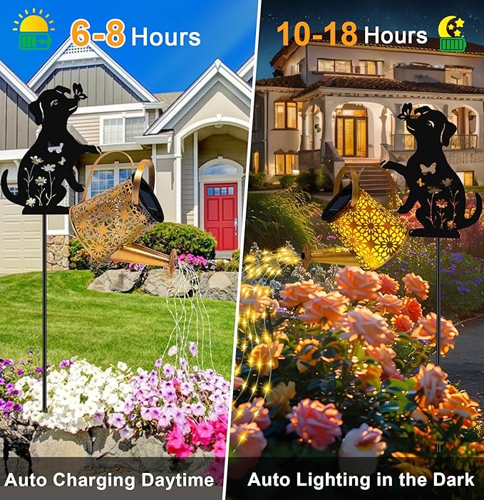 Solar Lights Outdoor Decorative, Watering Can with Cascading Lights, with Dog...
