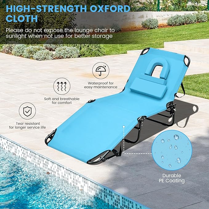 GYMAX Tanning Chair, 350lbs Beach Lounge Chair with Face Hole, Detachable Was...