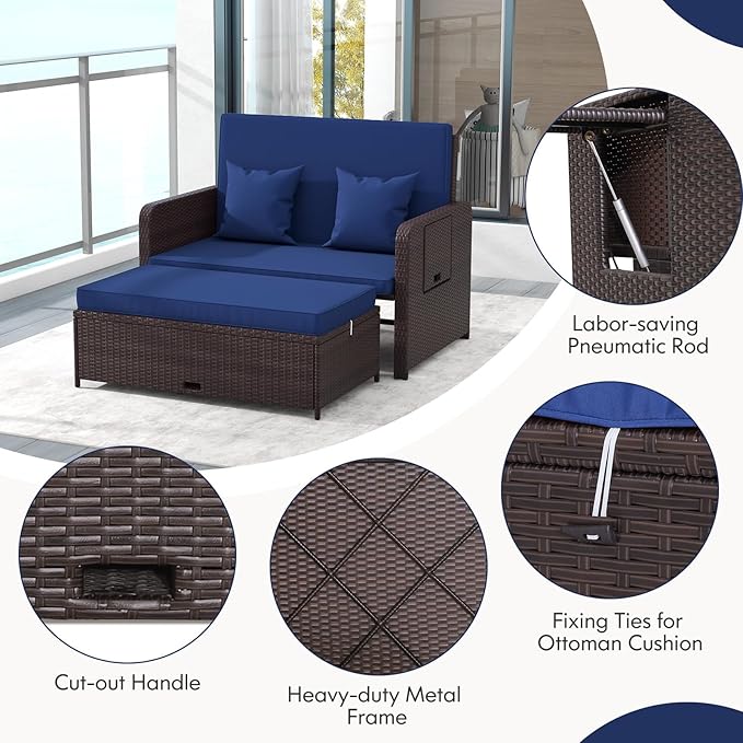LDAILY Moccha Outdoor Daybed, Wicker Loveseat Sofa Set with 4-Postion Adjusta...