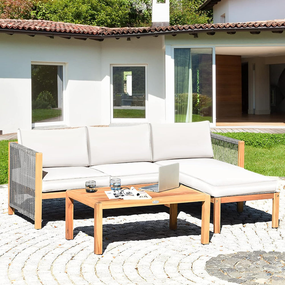 Tangkula L Shape Outdoor Furniture Set, 3 Piece Acacia Wood Patio Conversatio...