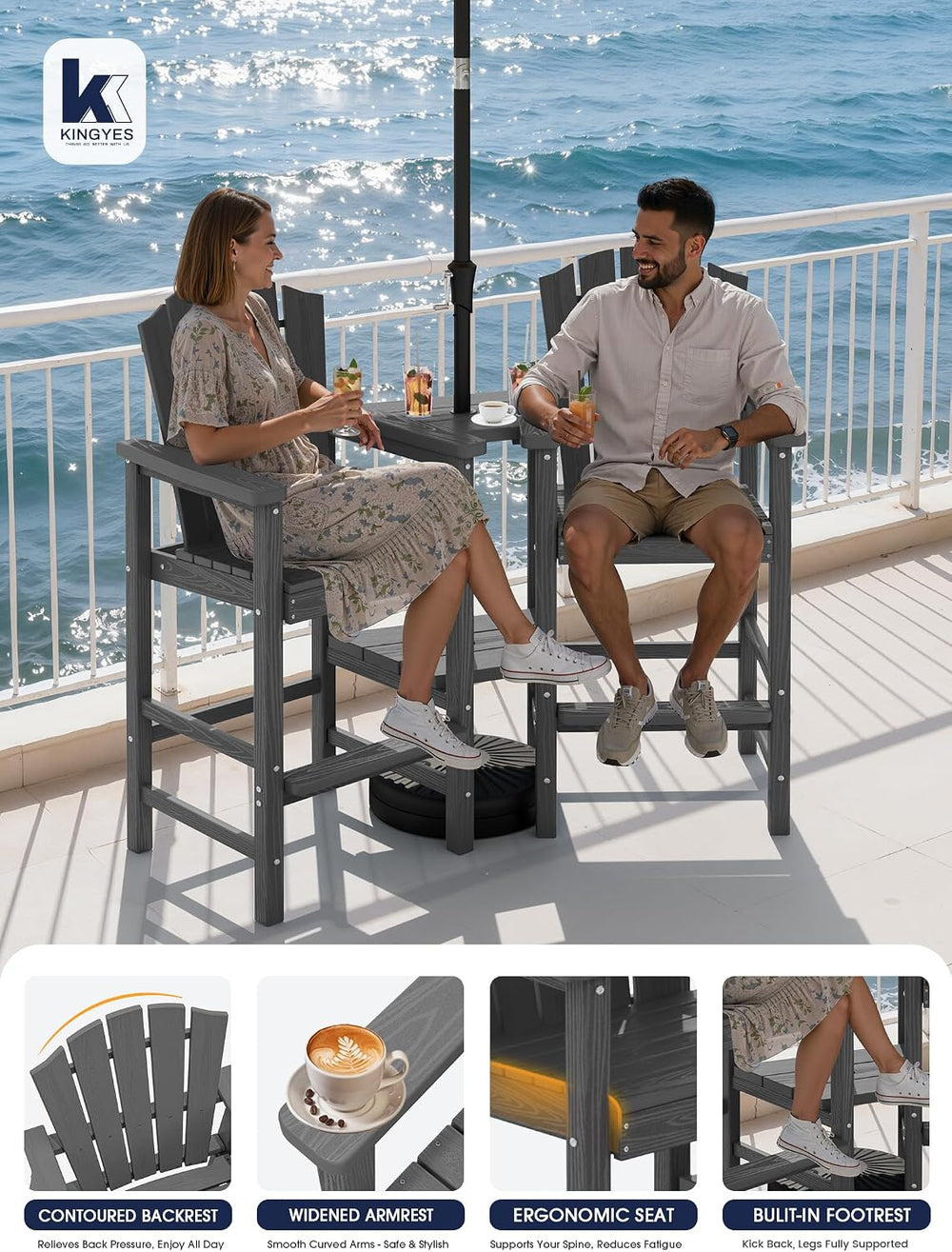 Tall Adirondack Chair Set of 2 with Double Connecting Trays, Gray