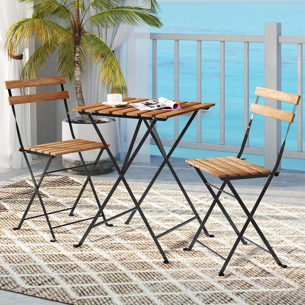 GIANTEX 3-Piece Acacia Wood Bistro Set, Patio Bistro Table with 2 Folding Cha...