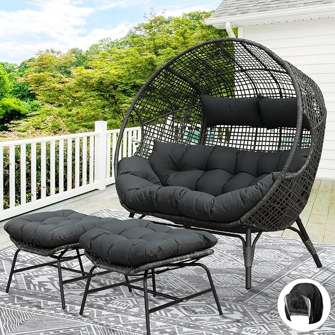 NICESOUL Indoor Outdoor Double Egg Chair with Footrest Padded Cushion, Oversi...