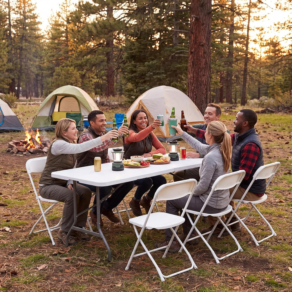 DUMOS 6 FT Folding Picnic Table with 6 Folding Chairs, Easy to Keep, White