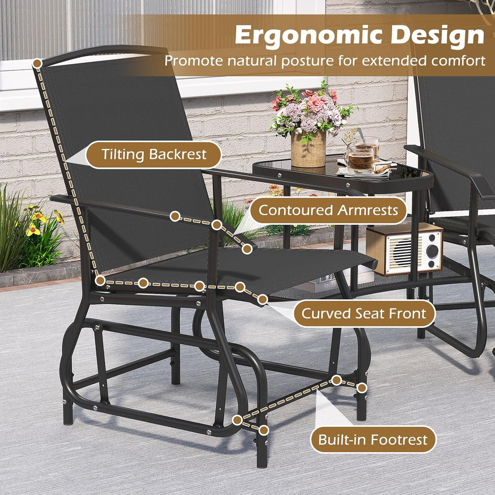 Tangkula 2-Seater Outdoor Glider Bench with 2-Tier Center Table (Black)