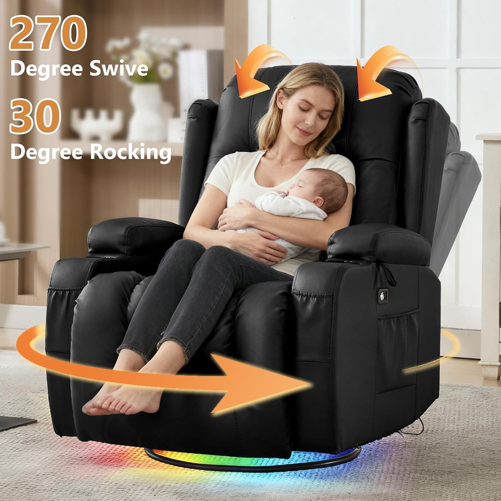URRED Swivel Rocker Recliner Chair with LED Ambient Lights for Adults，Black
