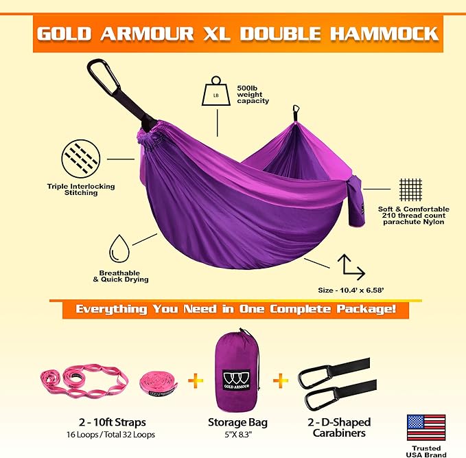 Gold Armour Camping Hammock - XL Double Hammock Portable Hammock Camping Acce...