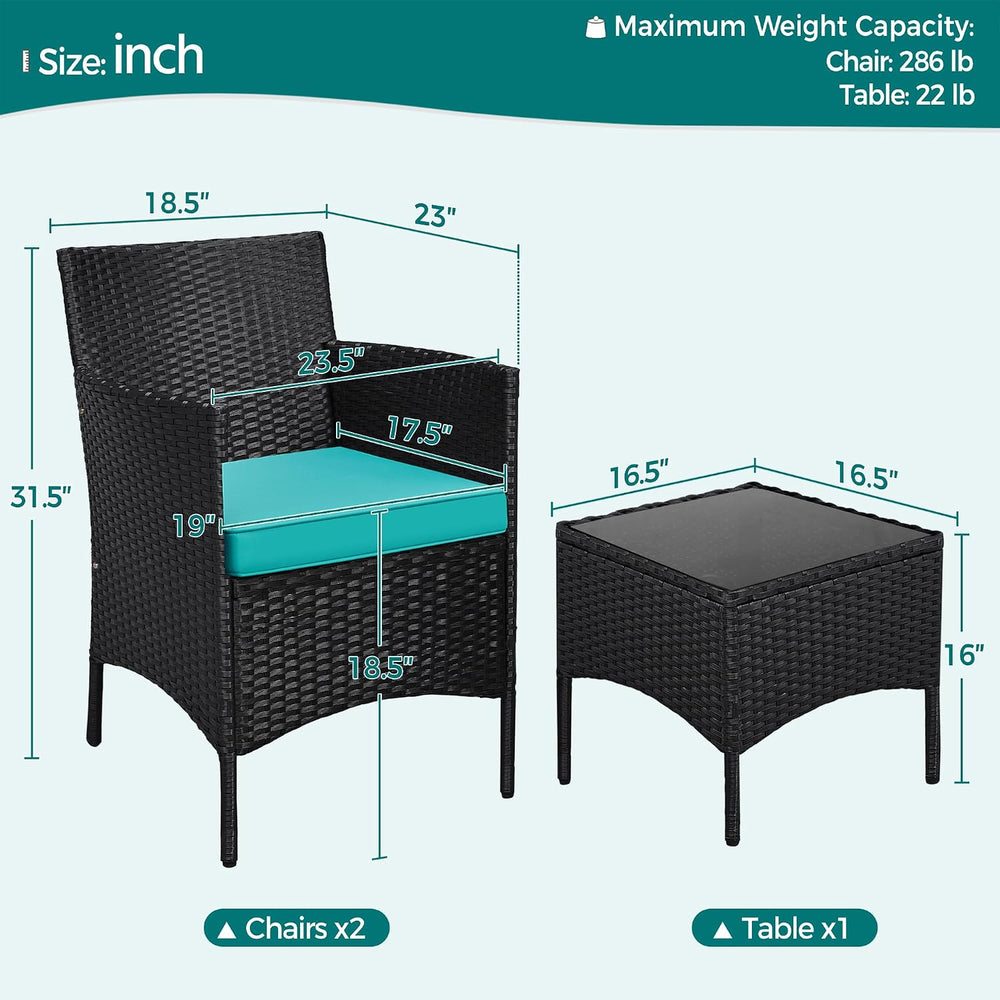 Yaheetech 3 Pieces Patio Conversation Set, Chairs & Side Table, Black/Cyan