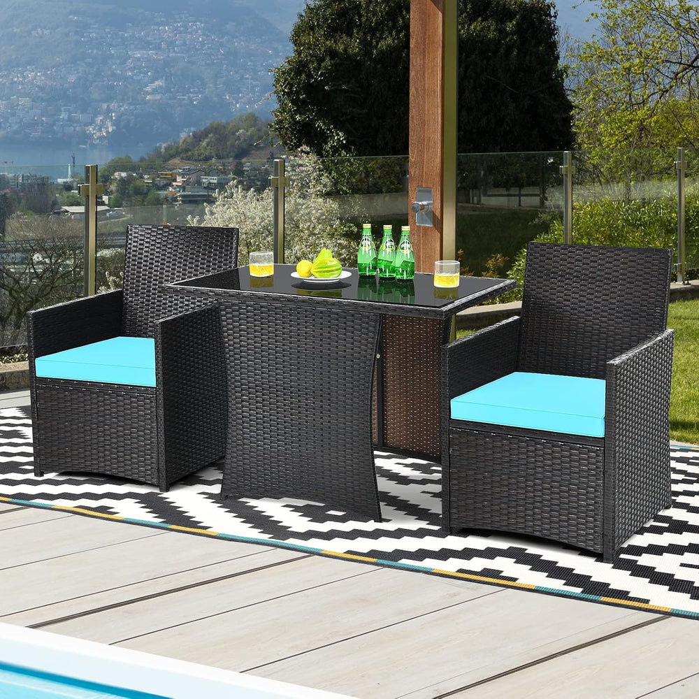Tangkula 3 Pieces Patio Dining Set, Space-Saving PE Rattan Bistro Set with Te...