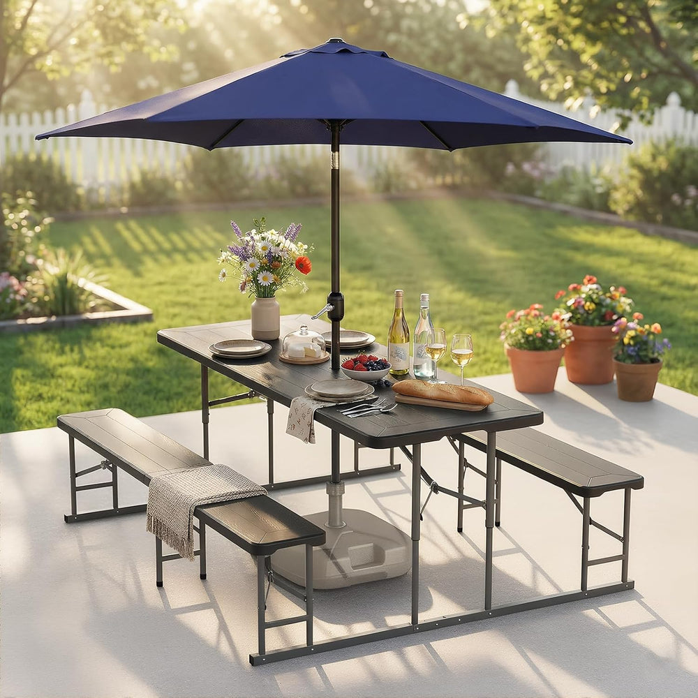 VINGLI Folding Picnic Table and Bench Set with Umbrella, Portable Outdoor Din...