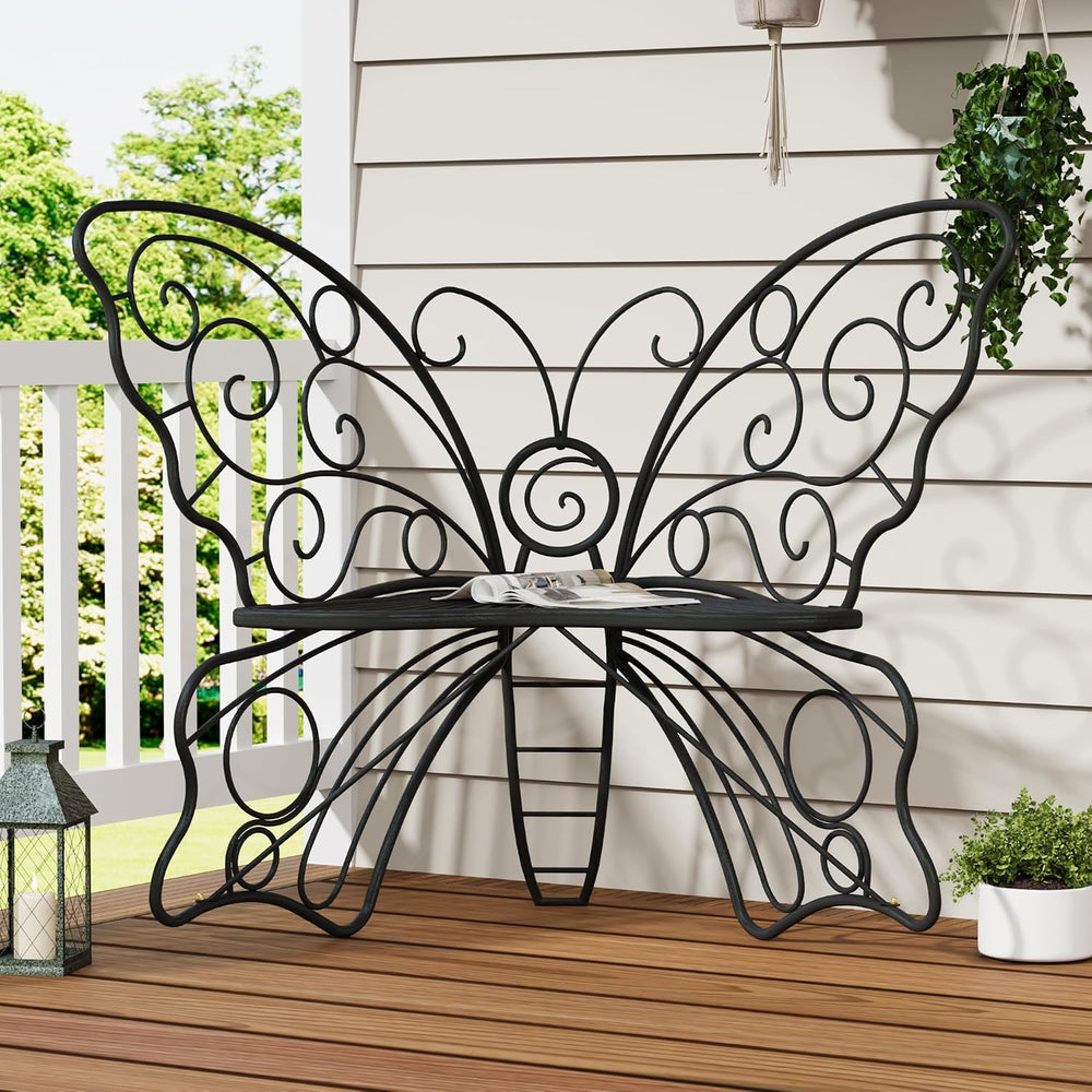 49 Inch Outdoor Butterfly Bench with Cast Iron Metal Frame, Black