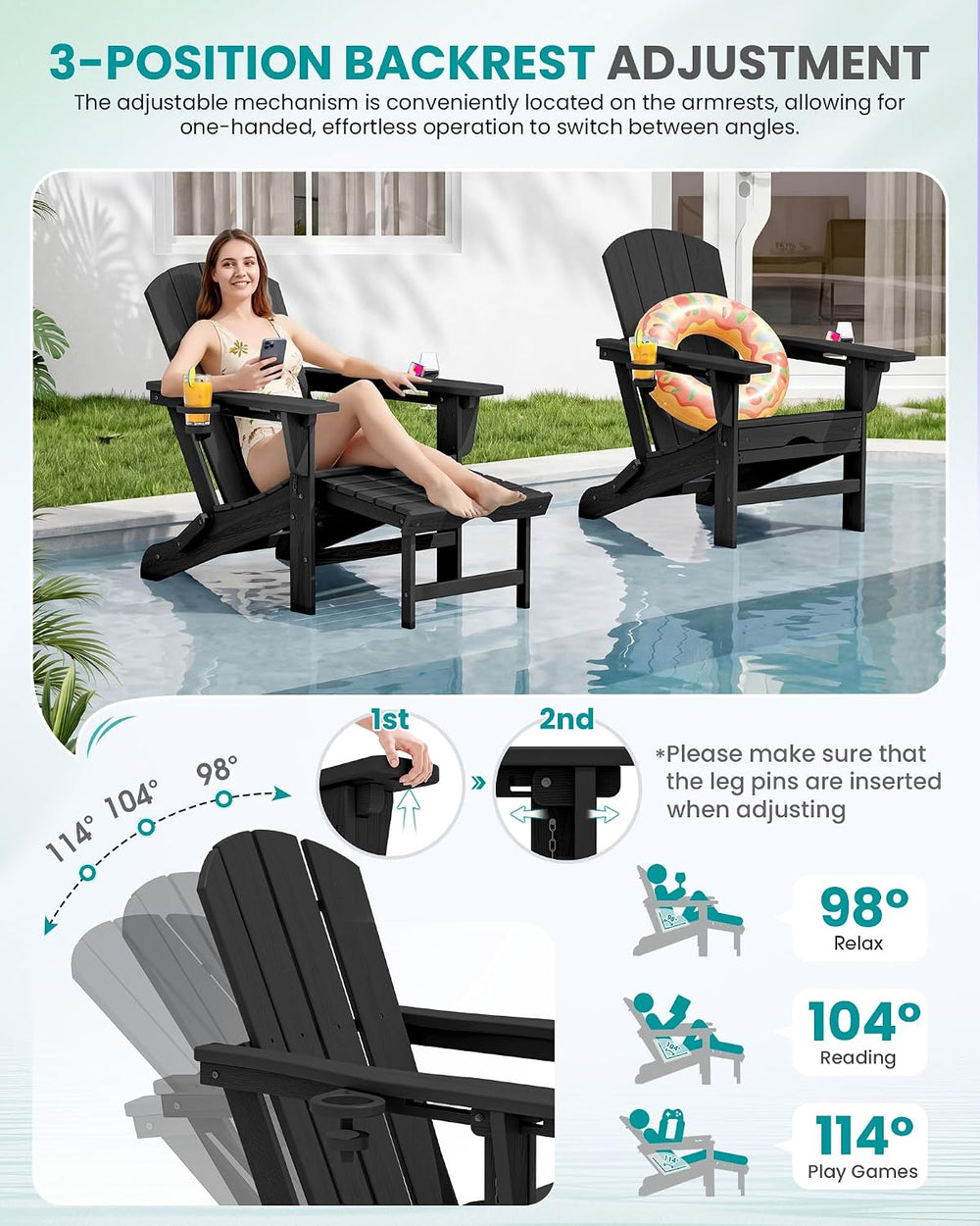 SERWALL HDPE Folding Adjustable Adirondack Chair with Footrest, Black
