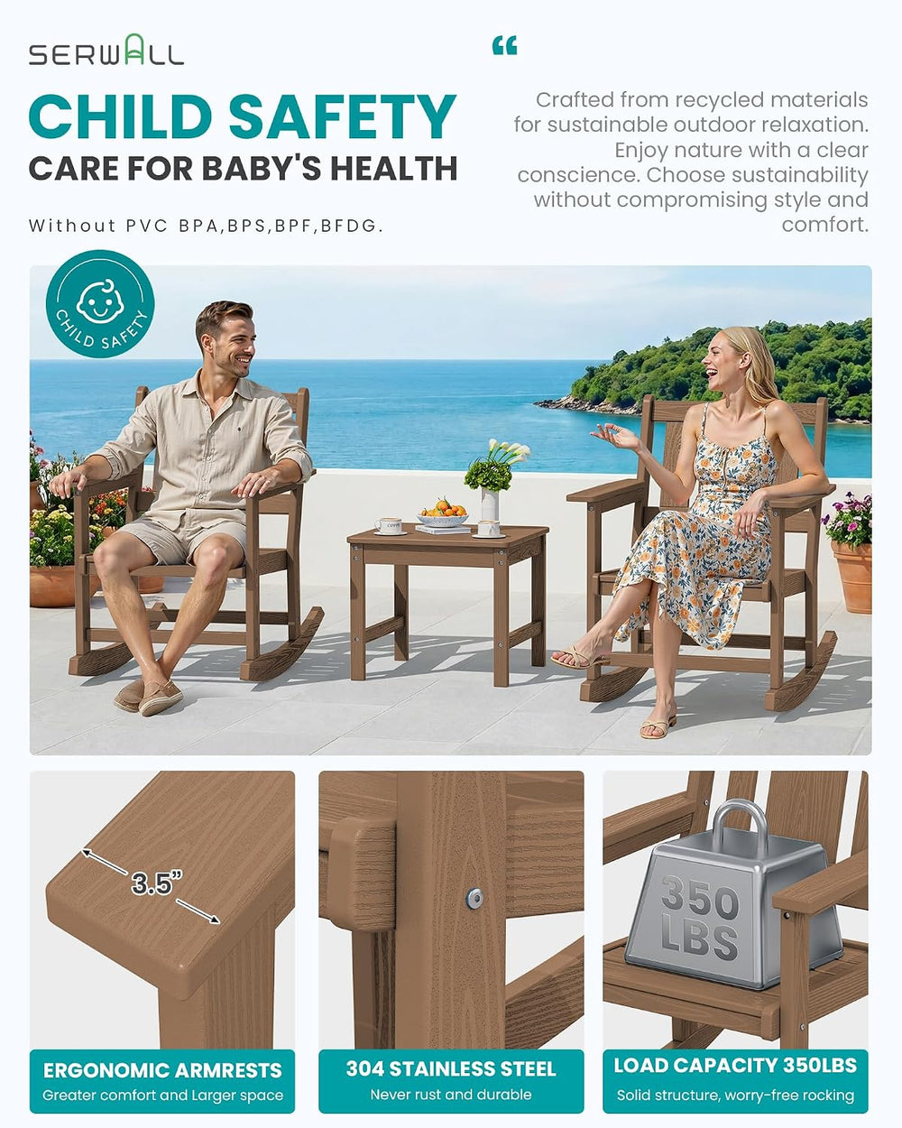 SERWALL 3-Piece Patio Furniture Set with 2 Rocking Chairs & Table, Brown