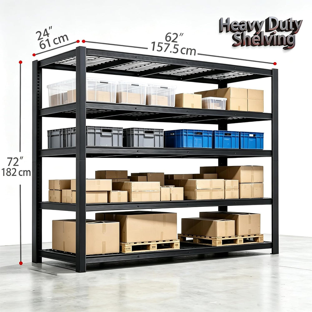 62"W Metal Storage Shelves,3000LBS Heavy Duty Garage Shelving Units, 5 Tier
