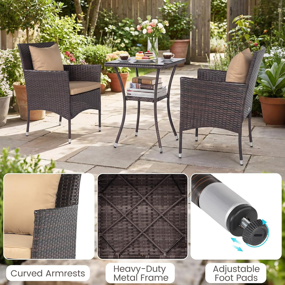 HAPPYGRILL 3 Pieces Rattan Conversation Set Outdoor Bistro Set with Cushion, ...