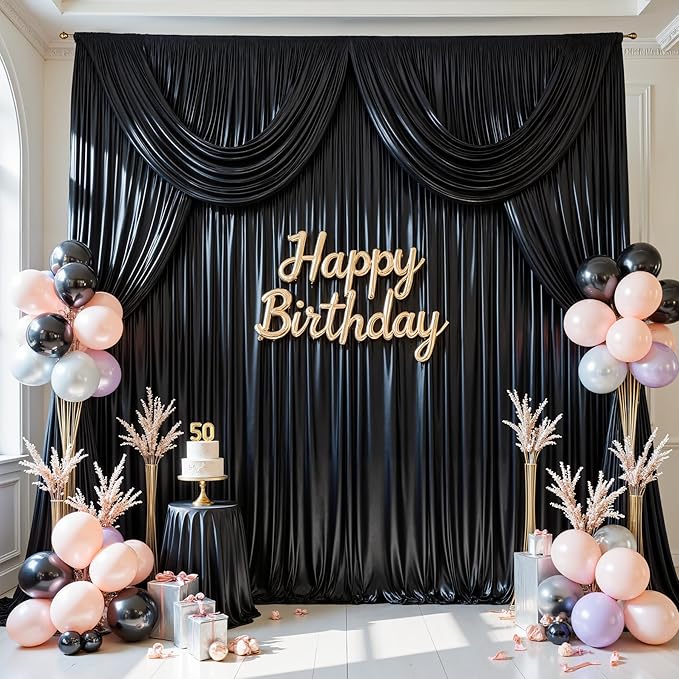 10x10 ft Black Glitter Backdrop Curtain for Parties, Wrinkle Free Satin Photo...