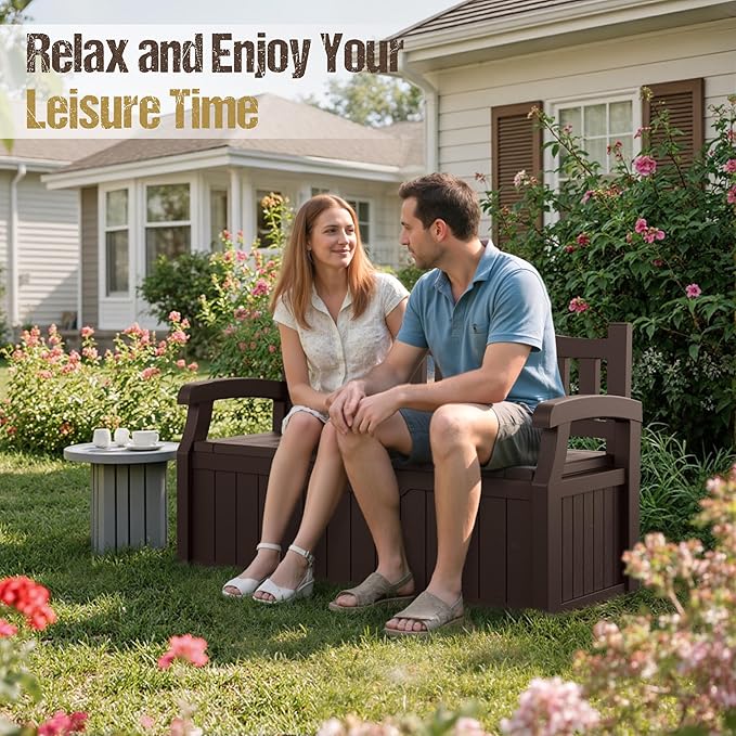 80-Gallon Outdoor Storage Bench, Waterproof Deck Box with Lockable Lid & ...