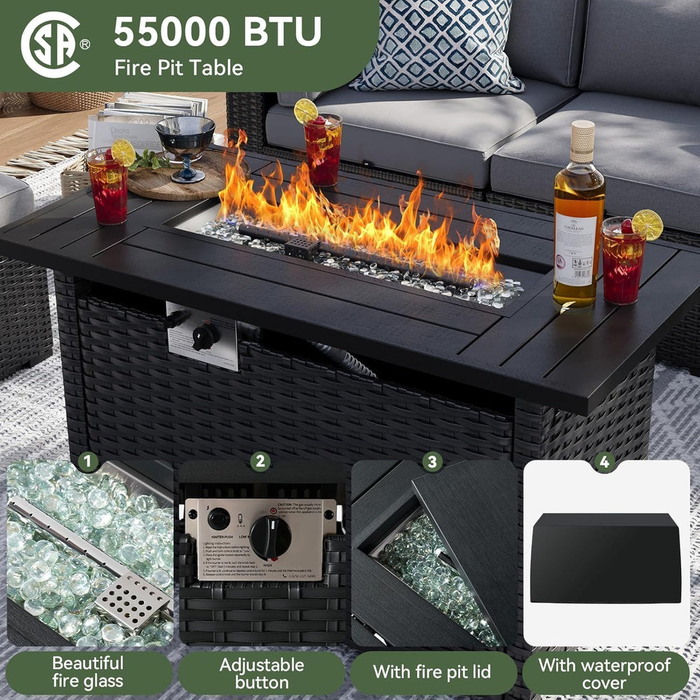 Aoxun 8 Piece Patio Furniture Set with 44” Fire Pit Table, Wicker Rattan Pati...