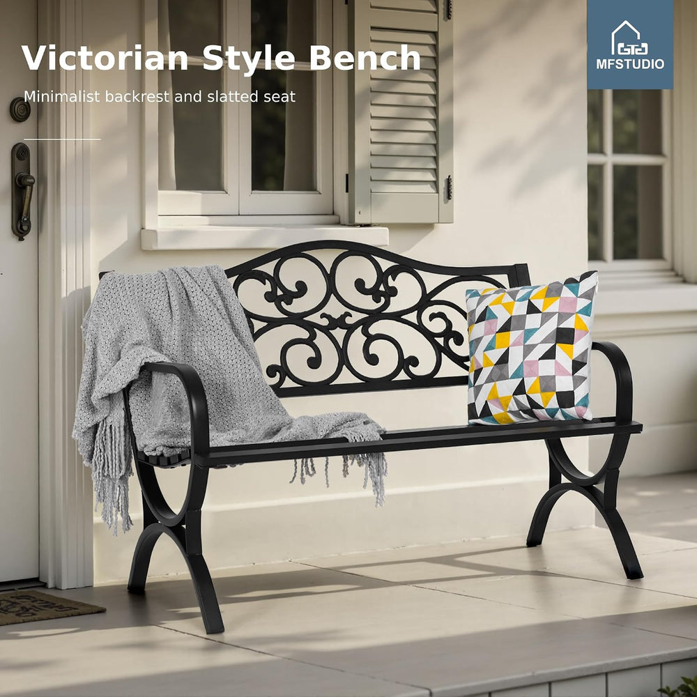 MFSTUDIO 50 Inches Outdoor Garden Bench Cast Iron Metal Frame, Floral Black