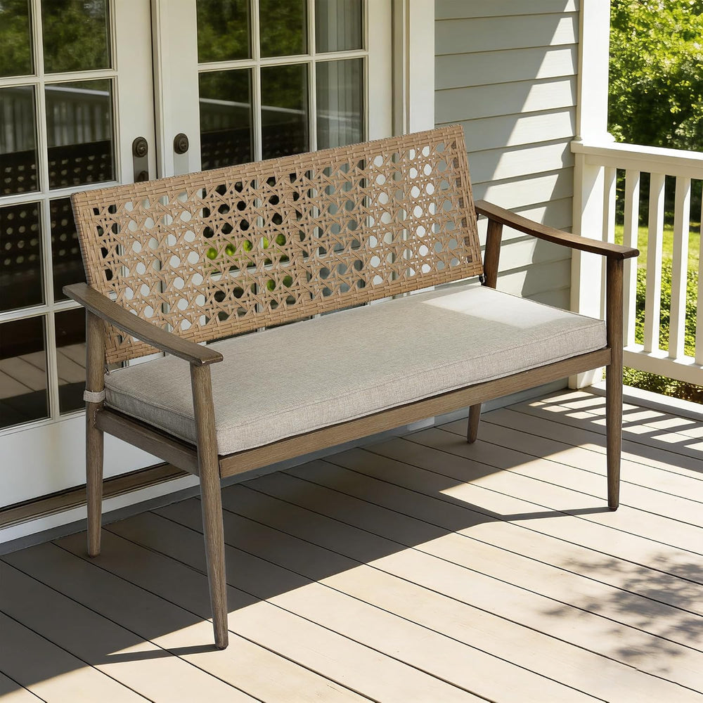 NOBLEMOOD Outdoor Patio Bench with Wicker Backrest,Cushion & Aluminum Frame