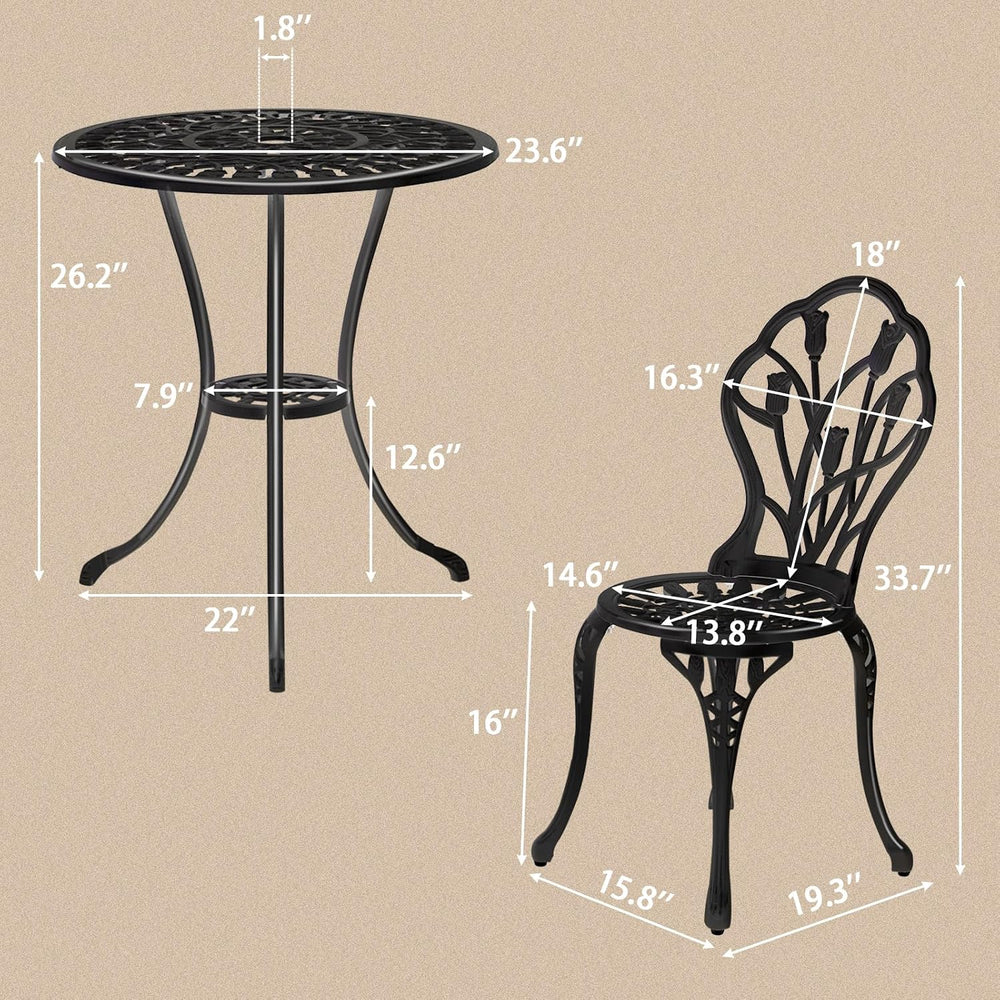Outvita 3 Piece Cast Aluminum Bistro Set, Tulip Pattern Black