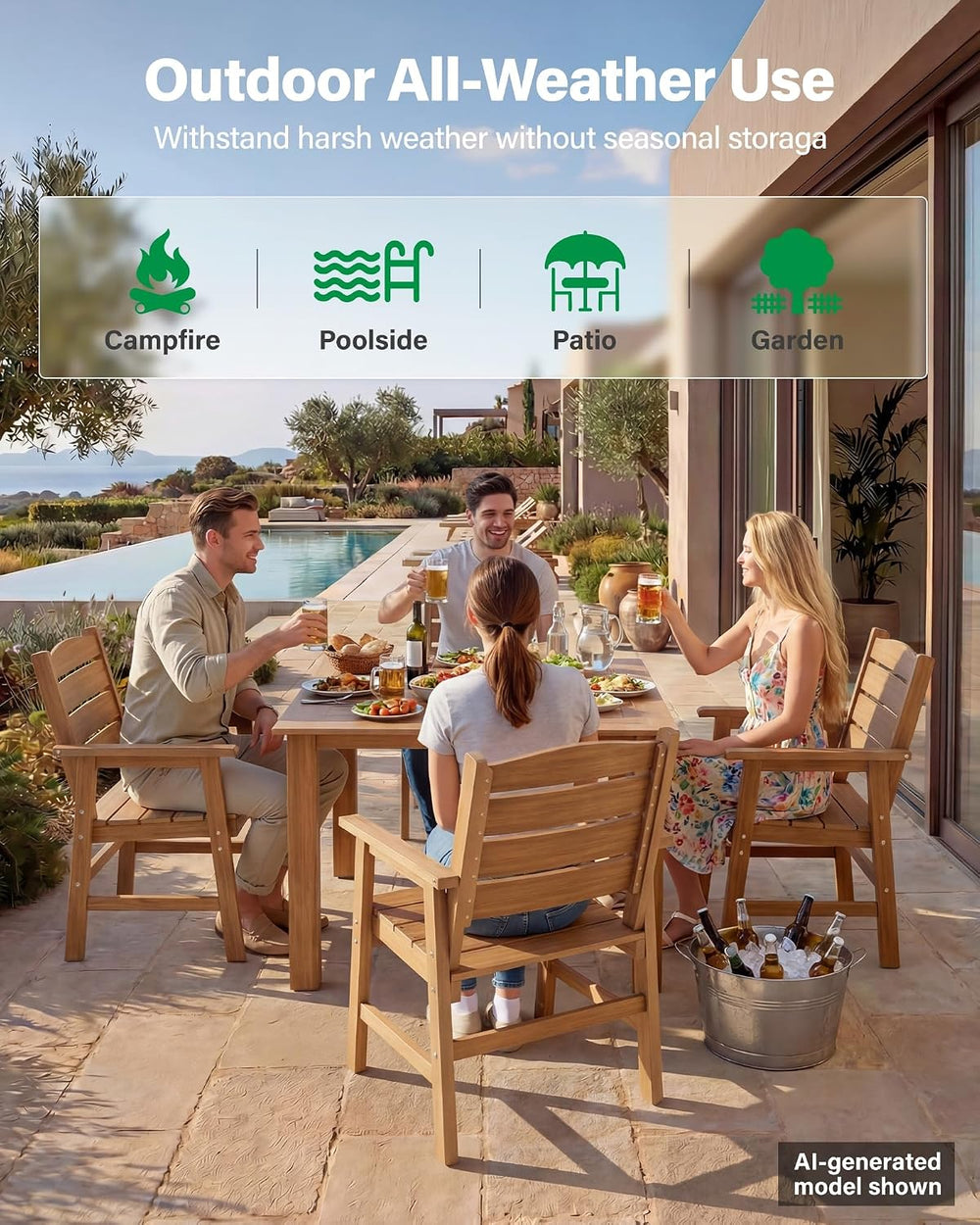 YEFU 5 Piece Square Patio Dining Set, Sturdy Aluminum Frame, HIPS, Teak