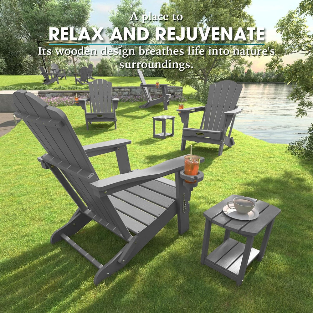 THOEOE Folding Adirondack Chair, All-Weather Fire Pit Chair with Cup Holder