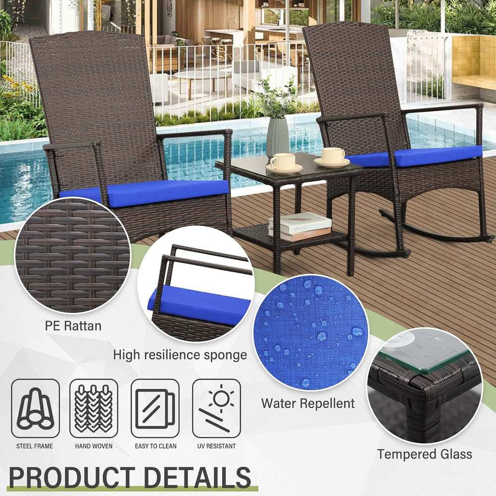 Outdoor Wicker Rocking Chair 3 Piece Porch Chairs Patio Bistro Set PE Rattan ...