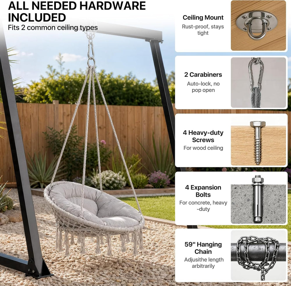 Athena Collection Hammock Chair with Hardware Kit & & Cozy Cushion, Gray
